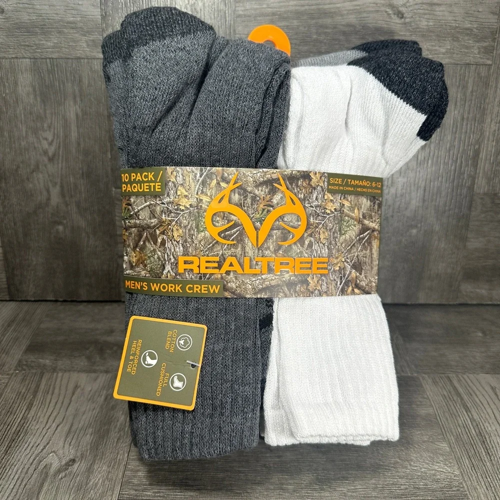 Realtree Socks Work Crew Mens 6-12 Black White Grey 10 Pack SK-RT7008MM-S5 NEW